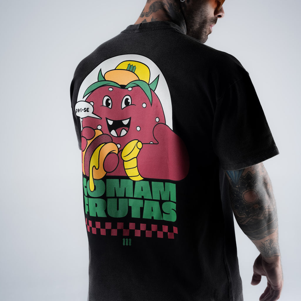 Camiseta Oversized Estonada Comam Frutas Burger Preto