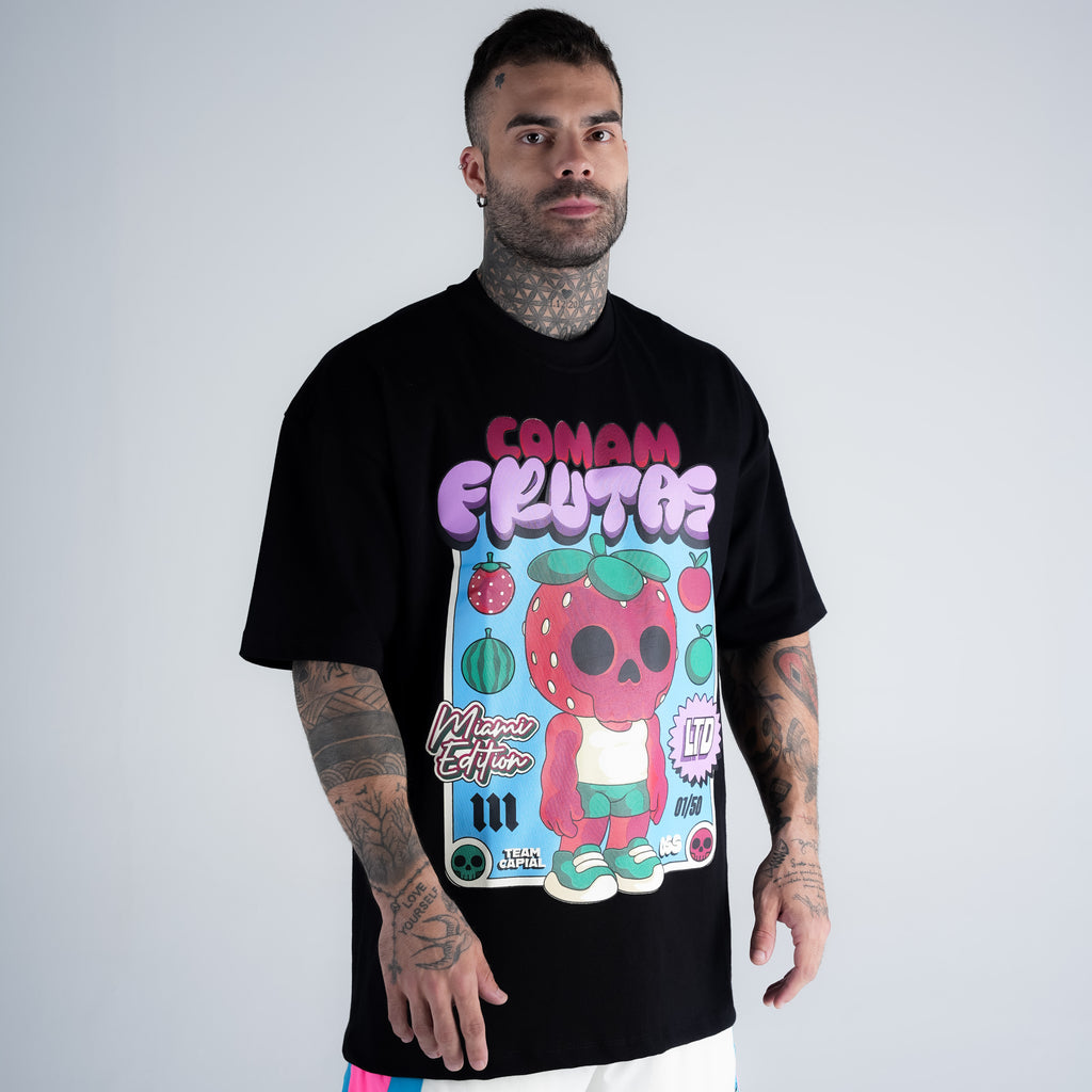 Camiseta Oversized Comam Frutas Neon Toyart Preto