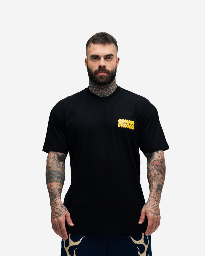 Camiseta Oversized Mith Comam Frutas Trampa Muito Vive o Dobro Preto