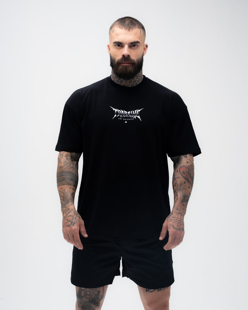 Camiseta <strong>Oversized Treino</strong>  Mith Trabalhe em Silêncio Preto