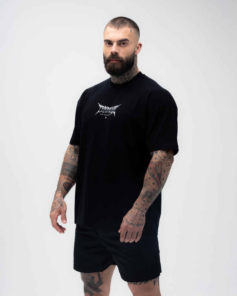 Camiseta <strong>Oversized Treino</strong>  Mith Trabalhe em Silêncio Preto
