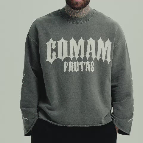 Camiseta Manga Longa Box Estonada Mith Comam Frutas Flames Cinza
