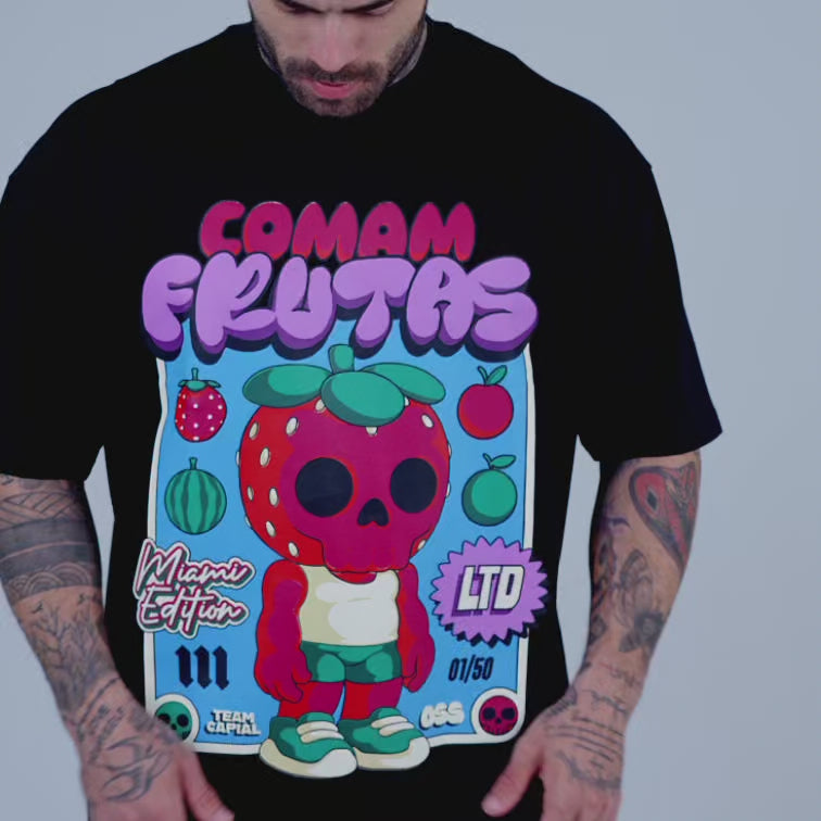 Camiseta Oversized Comam Frutas Neon Toyart Preto