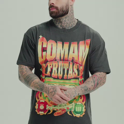 Camiseta Oversized Estonada Mith Comam Frutas Cassino Chumbo